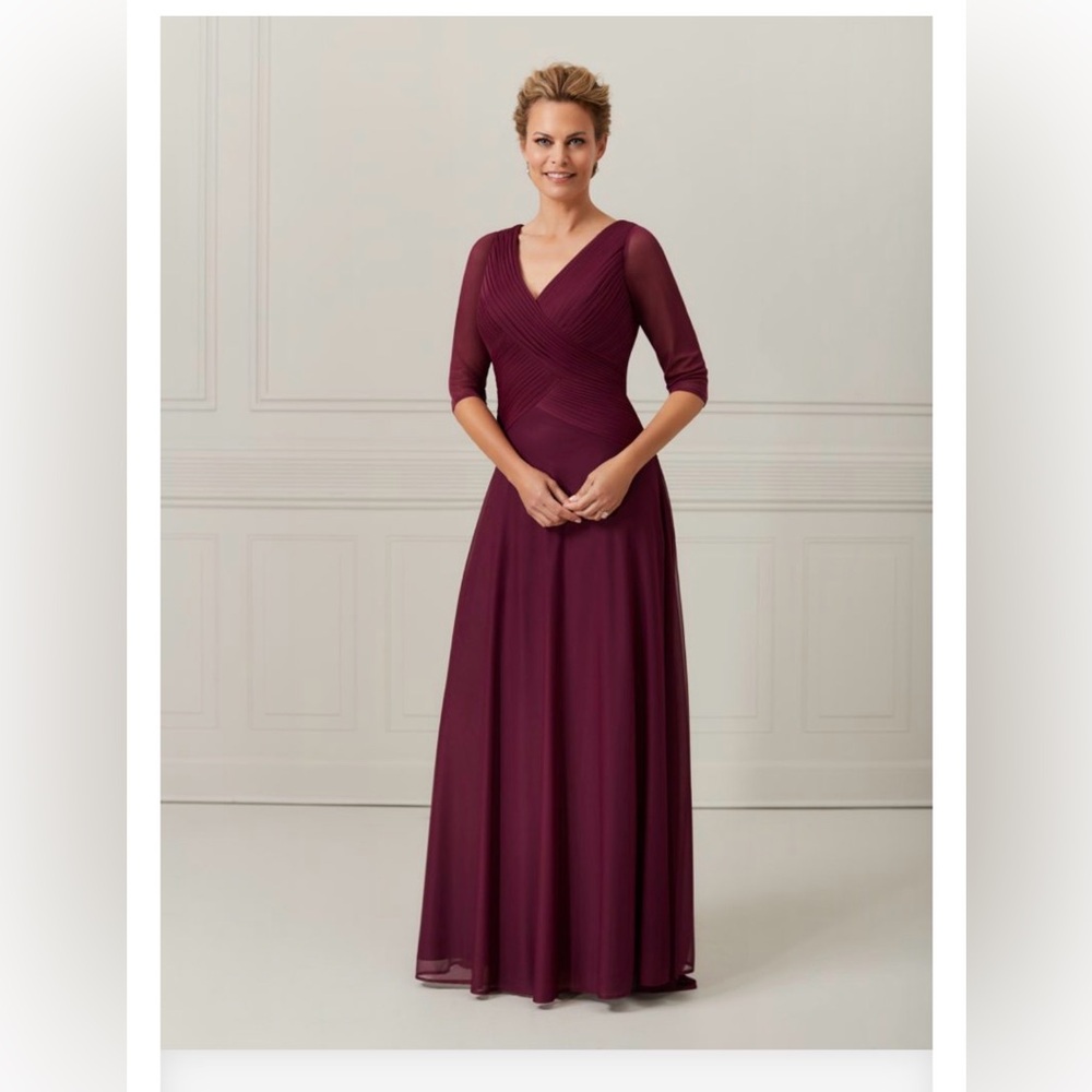 Christina Wu Eggplant 3/4 Sleeve V-Neck Evening Gown Style 17061 Size 8